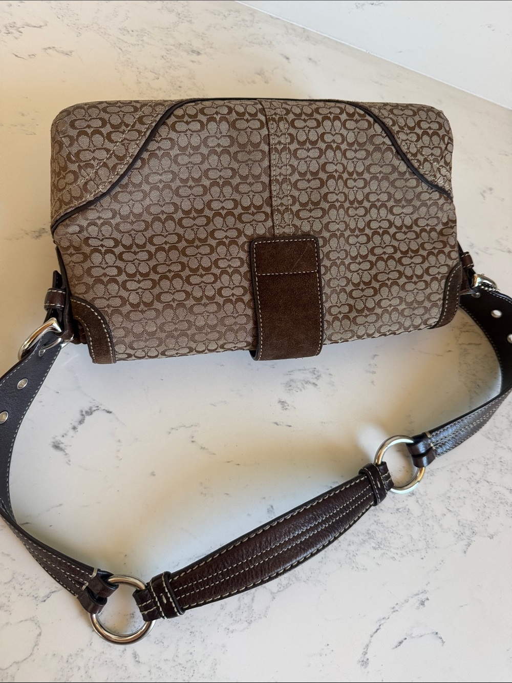 Vintage Coach Monogram Canvas With Brown Suede Soho Flap Signature Shoulder Bag - Picture 14 of 15
